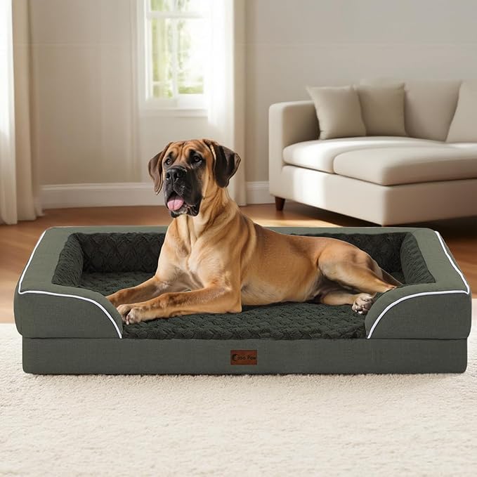 Orthopedic XL Dog Beds, Waterproof Memory Foam Big Pet Bed for Extra Large Sized Dogs 45x35Inch, Non-Slip Bottom and Egg-Crate Foam Dog Couch Bed with Washable Removable Cover, Dark Green