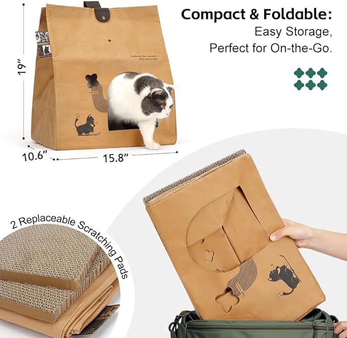 Washable Kraft Paper Cardboard Cat House with 2PCS Scratching Pads Large Cat Scratchers Bed for Indoor Cat Cat Scratching Board & Cat Scratcher Condo for Bunny/Cats Animals. (Kraft Paper)
