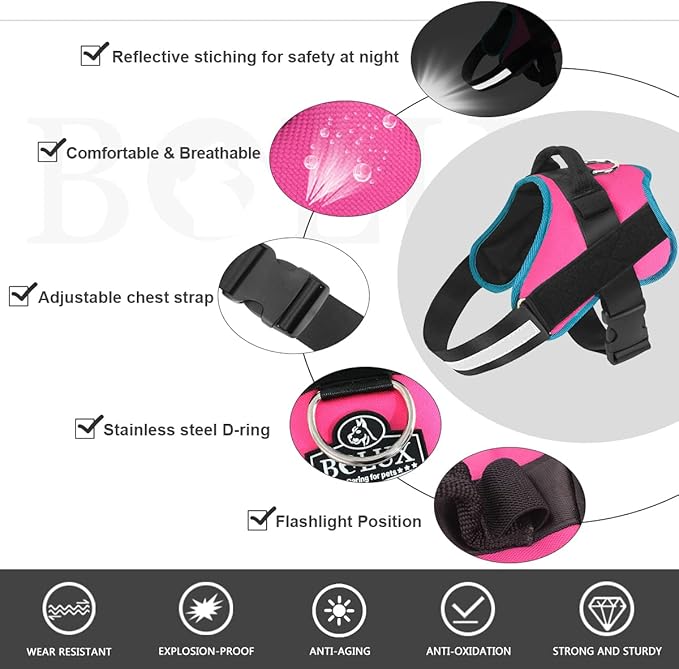 Bolux Dog Harness, No-Pull Reflective Dog Vest, Breathable Adjustable Pet Harness with Handle for Outdoor Walking - No More Pulling, Tugging or Choking Medium (Pack of 1) RoseTurquoise