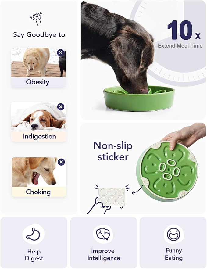 LE TAUCI Slow Feeder Dog Bowls Ceramic, 3 Cups Slow Feeding Dog Bowl Medium Large Breed, Pet Bowl for Fast Eaters, Puzzle Pet Dishes,Clover Green