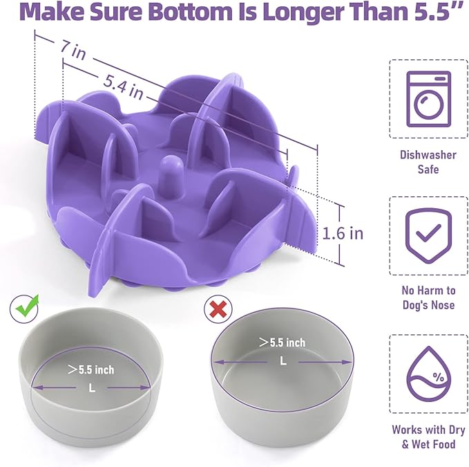 Jaoul Slow Feeder Dog Bowls Insert for Large Breed, 7 Inch Cuttable Slow Feeder Insert with 32 Octopus Suction Cups for Medium Large Size Dog Food Bowl (X-Large, Purple)