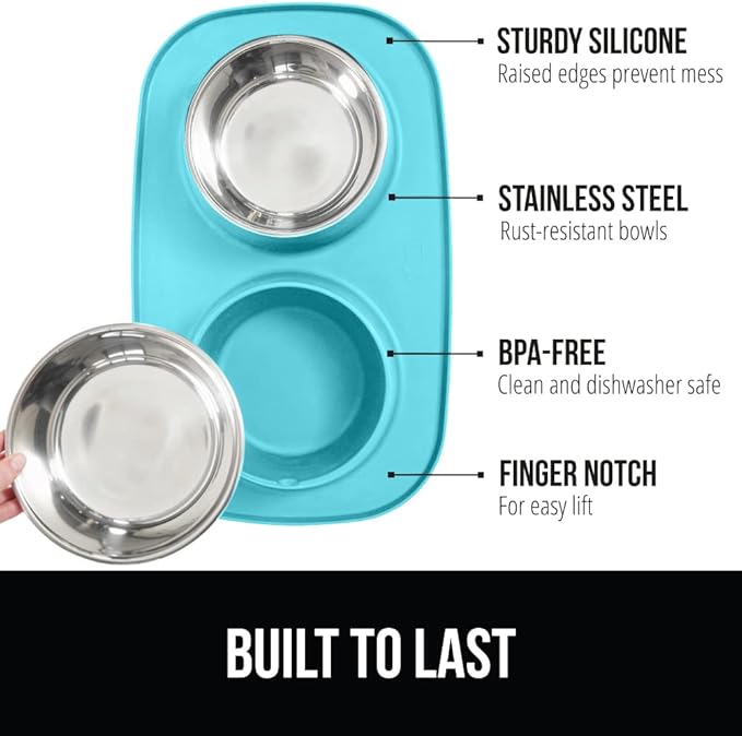 GORILLA GRIP Feeding Mat Set, Patent Pending 100% Waterproof BPA Free Silicone, Stainless Steel Cat and Dog Bowls, Slip Resistant, Edges Catch Water, Food, US Designed Pet Accessories, 1 Cup Turquoise