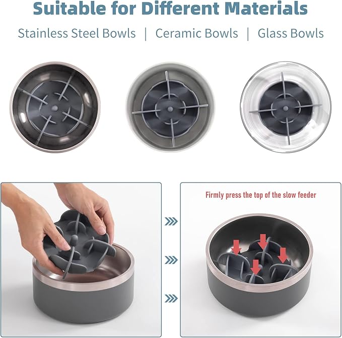 Jaoul Slow Feeder Dog Bowls Insert for Large Breed, 7 Inch Cuttable Slow Feeder Insert with 32 Octopus Suction Cups for Medium Large Size Dog Food Bowl (X-Large, Grey)