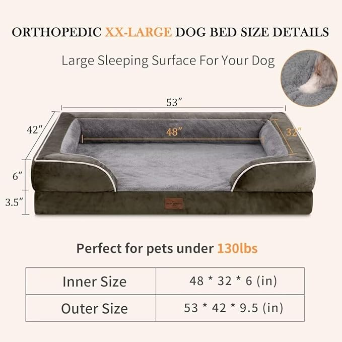 Comfort Expression Orthopedic Dog Bed for Extra Large Dogs 53x42 Inch, Waterproof Memory Foam XXL Pet Bed with Removable Bolsters, Dog Couch with Washable Cover & Non-Slip Bottom, Olive Green