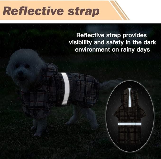 KOOLTAIL Dog Raincoat Hooded Slicker Poncho with Leash Hole, Raincoat for Small Medium Dogs, Waterproof Doggie Rain Jacket with Reflective Strip, Adjustable Breathable Plaid Puppy Rainwear-Beige