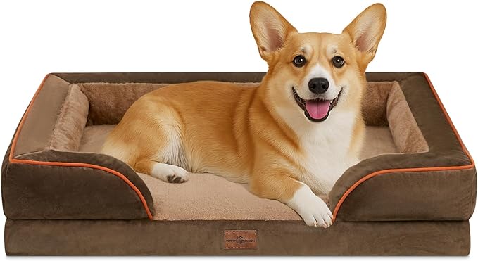 Comfort Expression Orthopedic Dog Bed for Medium Dogs 30x20 Inch, Waterproof Supportive Egg Crate Foam Medium Pet Bed with Removable Bolsters, Dog Couch with Washable Cover & Non-Slip Bottom, Brown