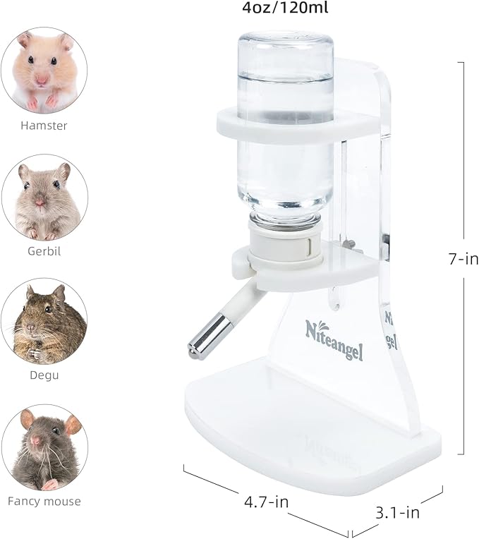 Niteangel Water Bottle with Stand for Syrian Dwarf Hamsters Gerbils Mice Rats Degus Small pet (Transparent)