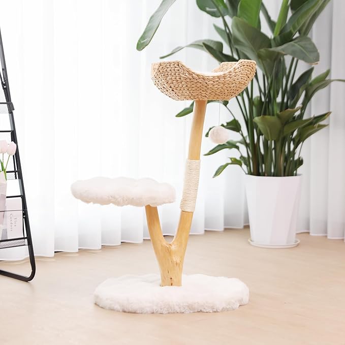 Solid Wood Cat Tower, Authentic Branch Cat Tree with Scratching Post and Cat Bed, Durable Furniture for Heavy Cats, for Cat Lovers, White