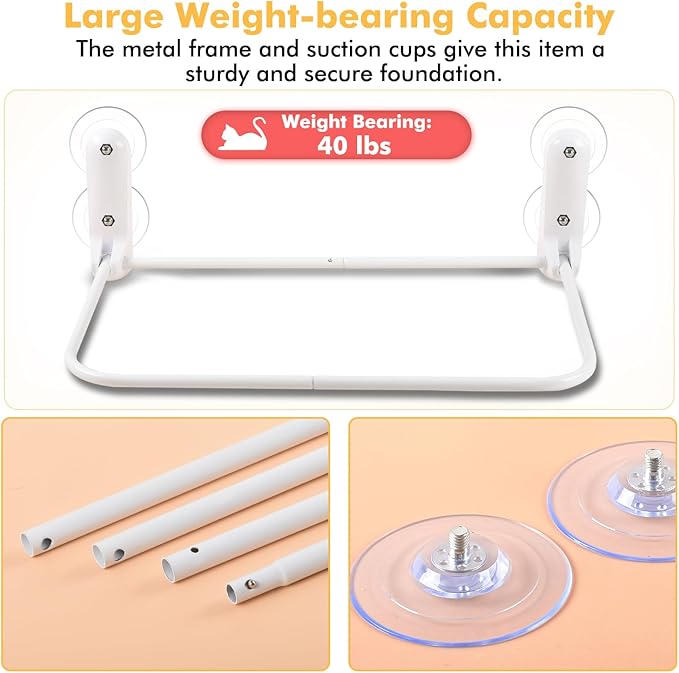 Cat Window Perch, Cordless Cat Hammock Window Seat with Cozy Pad Bed Cover for Indoor Cats, Durable Metal Frame Support Pet Bed with 4 Suction Cups for Large Cats (Cushion Pad Bed - Grey)