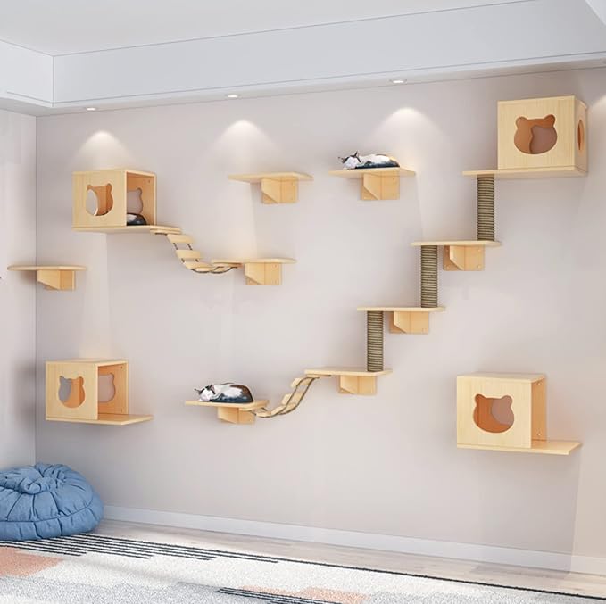 SHENGOCASE Solid Wood Wall Mounted Carpet-Covered Cat Shelves, Cat Wall Furnitures, Floating Shelves, Steps Stairs Perch