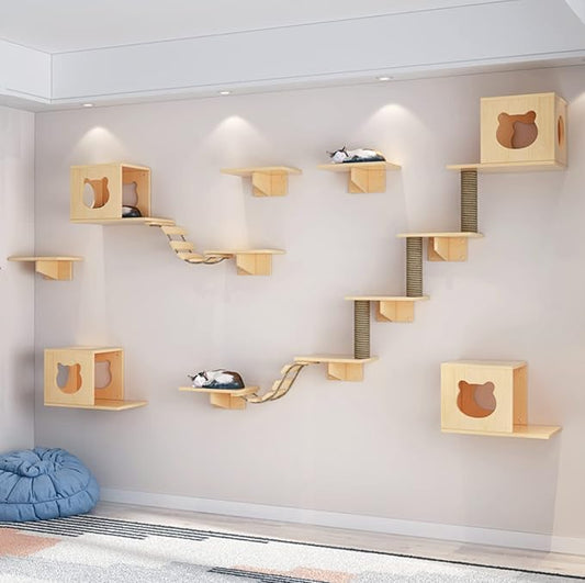 SHENGOCASE Solid Wood Wall Mounted Carpet-Covered Cat Shelves, Cat Wall Furnitures, Floating Shelves, Steps Stairs Perch