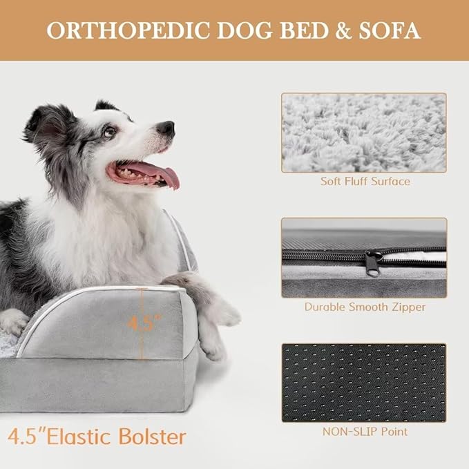 Comfort Expression Orthopedic Dog Bed for Large Dogs 36x27 Inch, Waterproof Supportive Memory Foam Large Pet Bed with Removable Bolsters, Dog Couch with Washable Cover & Non-Slip Bottom, Light Grey