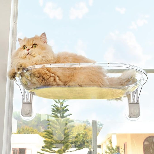 AMOSIJOY Transparent Cat Window Perch, Easy to Install & Clean Cat Hammock with 4 Enlarged Suction Cups for Large Cats, Panoramic Space Capsule Window Seat with Cozy Furry Mat