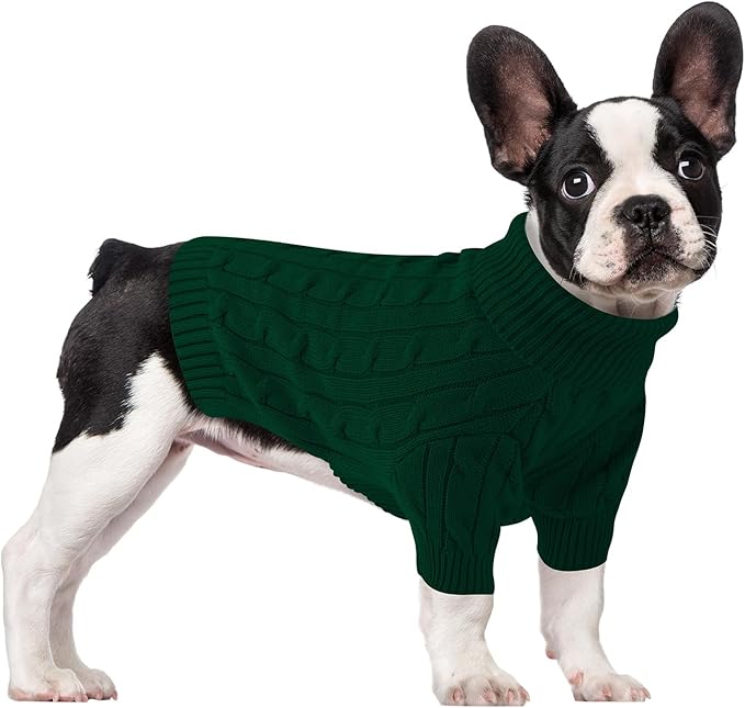 Small Dog Thermal Pullover Sweater, Classic Turtleneck Cable Knitwear Dog Clothes for Cold Weather Warm Pet Clothes for Chihuahua, Bulldog, Dachshund, Pug Green X-Large