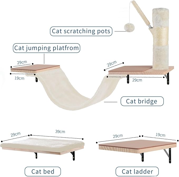 Cat Wall Shelves, Solid Wood Cat Wall Furniture Set, with Cats Bed, Hammock, Felt Ladder, Sisal Scratching Post & Ball (Beige)