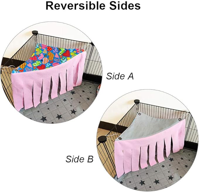 RIOUSSI Guinea Pig Hideout Hideaway Corner Fleece Toys Cage Accessories with Reversible Sides, Heart/Gray+Pink x 1 Curtain