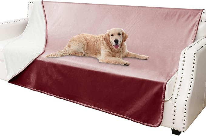 Waterproof Dog Blankets, Washable Pee Proof Pet Blanket for Couch, Soft Reversible Puppy Throw Furniture Protector Cover for Bed Sofa-68"x82",Burgundy Red+Cream
