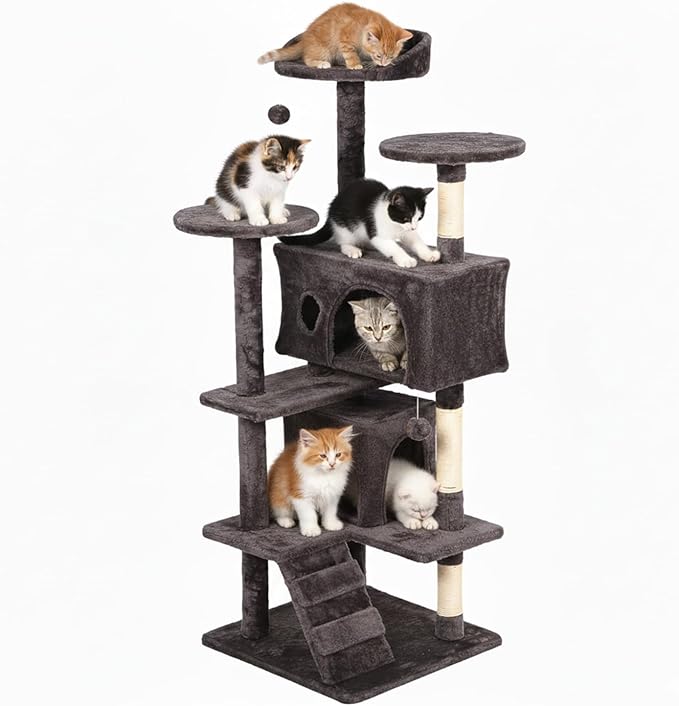 FDW Cat Tree 54in Cat Tower Multi-Level Durable Cat Scratching Post & Cozy Fun Cat Jumping Platform Space Saving Cat Condo Pet Play House for Indoor Cats,Purple Gray