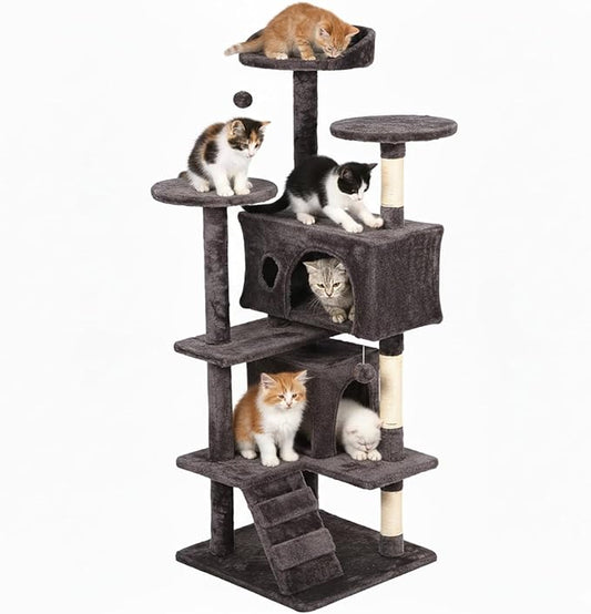 FDW Cat Tree 54in Cat Tower Multi-Level Durable Cat Scratching Post & Cozy Fun Cat Jumping Platform Space Saving Cat Condo Pet Play House for Indoor Cats,Purple Gray
