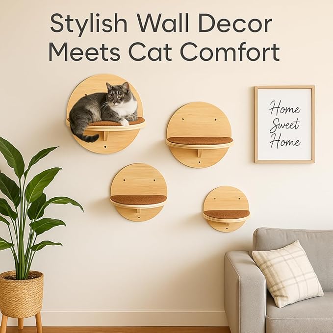 Cat Wall Shelves Set - Modern Round Floating Wall Steps with Scratch Pads (Set of 4)-Decorative Wall-Mounted Furniture for Climbing, Playing & Resting by INSTINTO