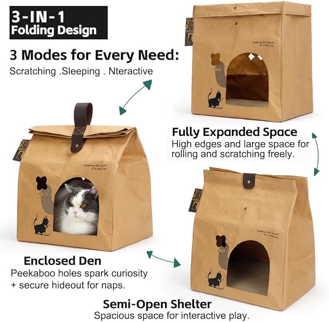 Washable Kraft Paper Cardboard Cat House with 2PCS Scratching Pads Large Cat Scratchers Bed for Indoor Cat Cat Scratching Board & Cat Scratcher Condo for Bunny/Cats Animals. (Kraft Paper)