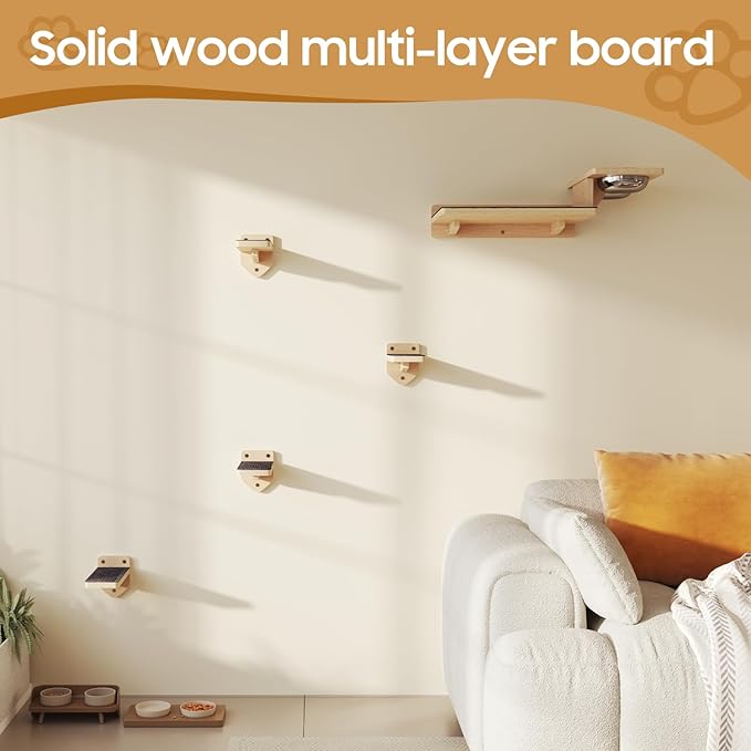 MeowHomm Cat Wall Shelves, Wood Cat Feeding Shelf with 4 Non-Slip Steps, 2 Food Bowls, Wall-Mounted Furniture for Kittens