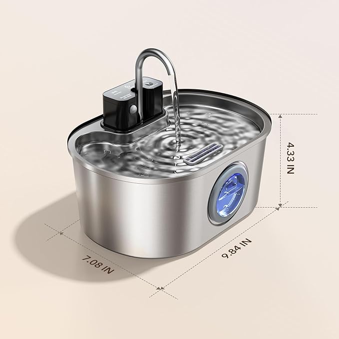 Cat Water Fountain Stainless Steel 108oz/3.2L:Battery Operated Wireless Cat Fountains for Drinking Indoor, Automatic Pet Water Dispenser with Ultra Quiet Pump,Multi-Filtration,Easy Clean BPA-Free