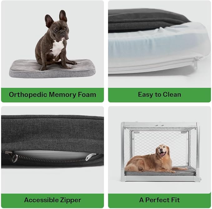 Diggs Snooz Memory Foam Dog Bed - Ideally Sized Revol Dog Crate Pad - Premium Orthopedic Pet Bed for Crate or Home - Grey, Large