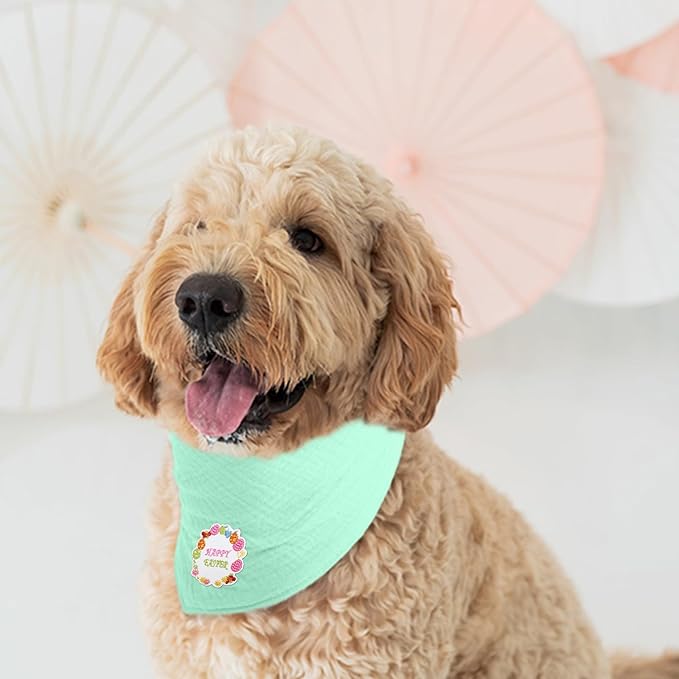 Easter Solid Color Letter Embroidered Dog Scarf - Adjustable Cotton Bandana for Medium Dogs,Green,Medium