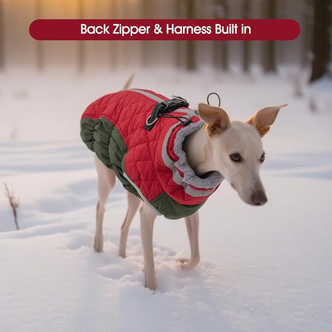 FUAMEY Dog Coat for Large Dogs,Waterproof Dog Winter Jacket with Harness Built in Puppy Cold Weather Coats Reflective Pet Vest with Zipper Warm Fleece Dogs Snowsuit Windproof Christmas XL