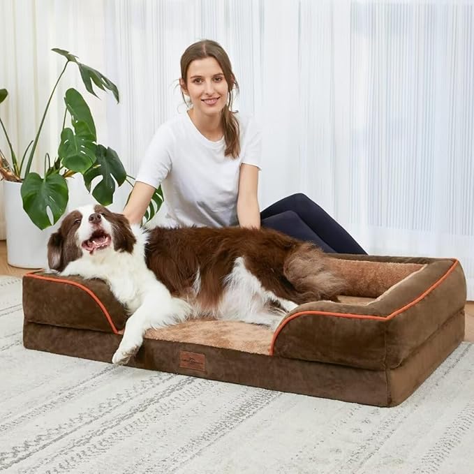 Comfort Expression Orthopedic Dog Bed for Extra Large Dogs 42x30 Inch, Waterproof Supportive Memory Foam XL Pet Bed with Removable Bolster, Dog Couch with Washable Cover & Non-Slip Bottom, Khaki Brown