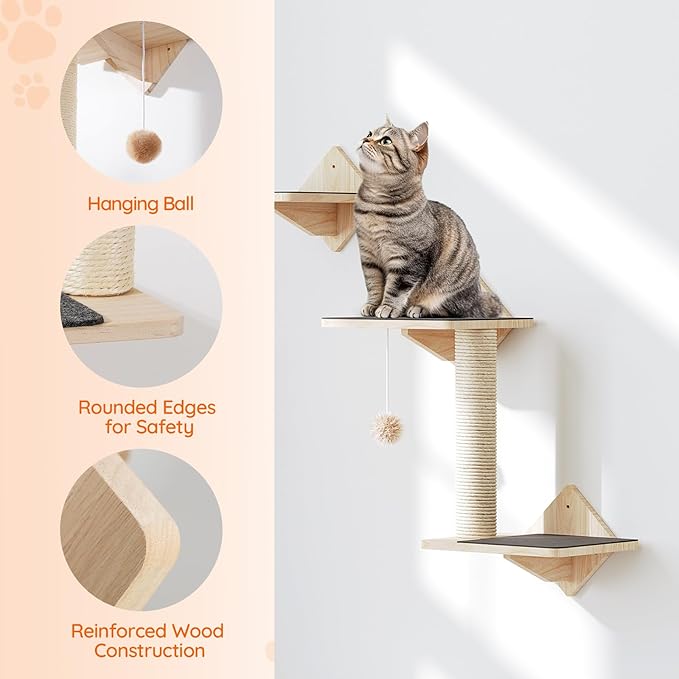 HOOBRO Wood Cat Wall Shelves, Set of 5 Cat Wall Mounted Furniture, Climbing Shelves with House, Steps, Scratching Post, Perch, Sturdy and Anti-Slip, Natural NL43CS03G1