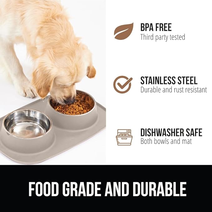 GORILLA GRIP Feeding Mat Set, Patent Pending 100% Waterproof BPA Free Silicone, Stainless Steel Cat and Dog Bowls, Slip Resistant, High Edges Catch Water Food, US Designed Pet Accessories, 1 Cup Beige