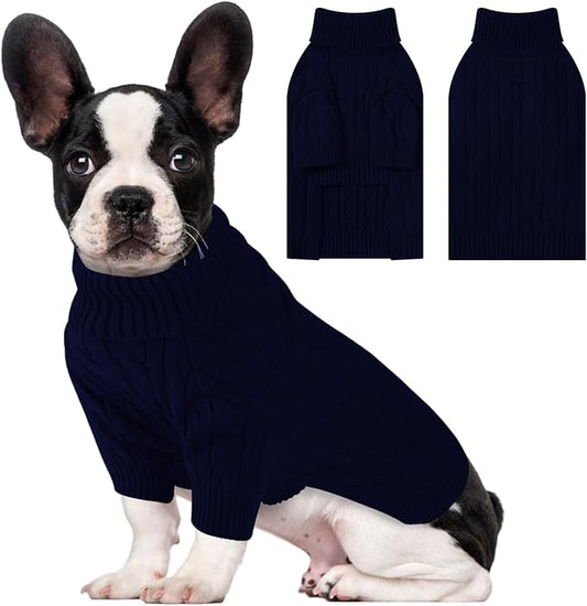 Small Dog Thermal Pullover Sweater, Classic Turtleneck Cable Knitwear Dog Clothes for Cold Weather Warm Pet Clothes for Chihuahua, Bulldog, Dachshund, Pug Navy X-Large