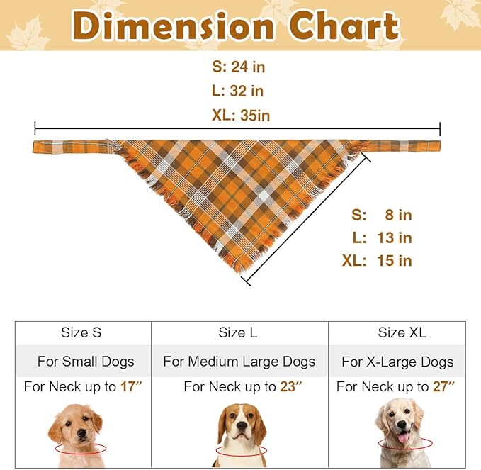 Kytely Thanksgiving Fall Dog Bandanas 2 Pack, Autumn Dog Bandana Large, Orange Plaid Pet Scarf for Boy and Girl, Holiday Halloween Reversible Triangle Bibs Accessories for Dogs Pets
