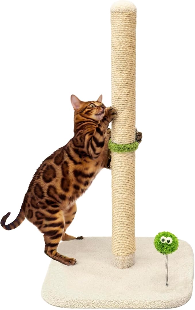 TINYBEAST 34" Tall Cat Scratching Post, Cat Scratcher Featuring Natural Sisal Rope, Cat Tree with Interactive Plush Toy Ball and Stable Base for Indoor Large Adult Cats & Kittens(Beige)