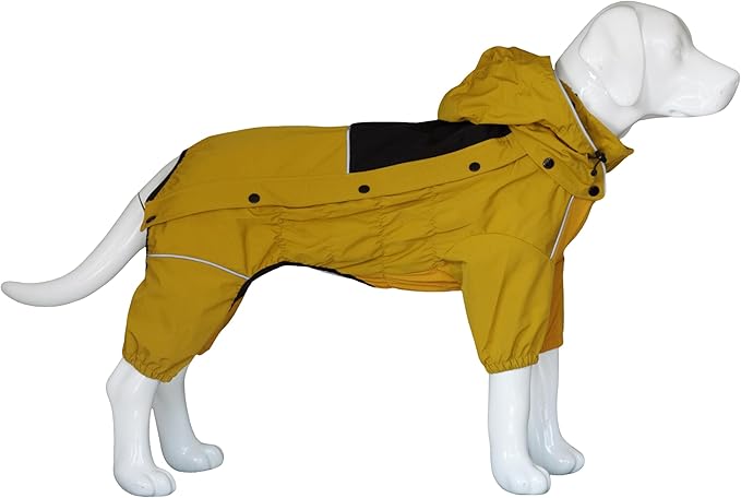 LOVELONGLONG Fleece-Lined Dog Raincoat with Removable Hood – Waterproof Winter Full Body Dog Jacket – Windproof Snowproof Cold-Weather Suit – Yellow-F 4XL