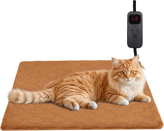 Pet Heating Pad for Cats & Dogs Indoor Outdoor, Warming Cat Heating Pad with Chew Resistant Cord, Adjustable Temperature & Time, Heated Cat Bed Mat Waterproof for Cats Small Dogs, 17.7'' × 17.7''