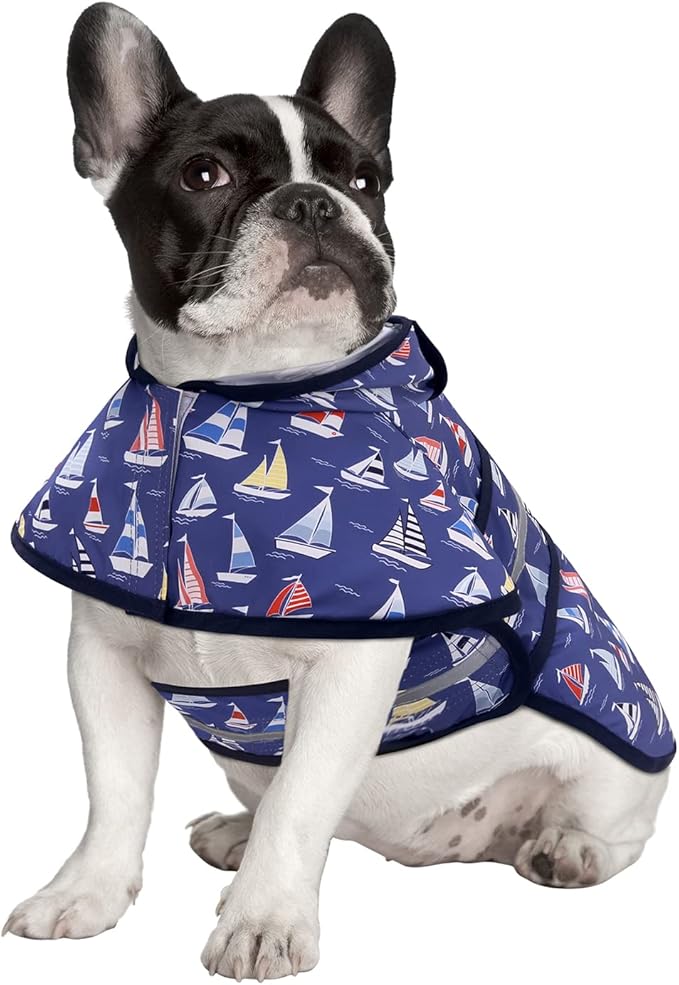 HDE Dog Raincoat Jacket Reflective Adjustable Hooded Pet Poncho Rain Coat with Leash Hole for Small to X-Large Dogs Nautical Boats - S