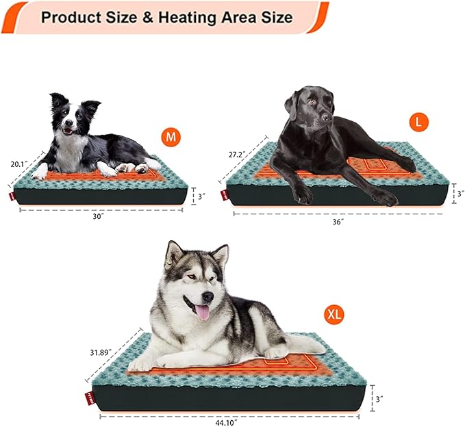 HEATFOX Upgraded Heated Dog Bed, 12V 24W Safe Voltage Arthritis Orthopedic Dog Bed with Memory Foam, Heated Pet Bed with Waterproof Cover for Medium, Large (M)
