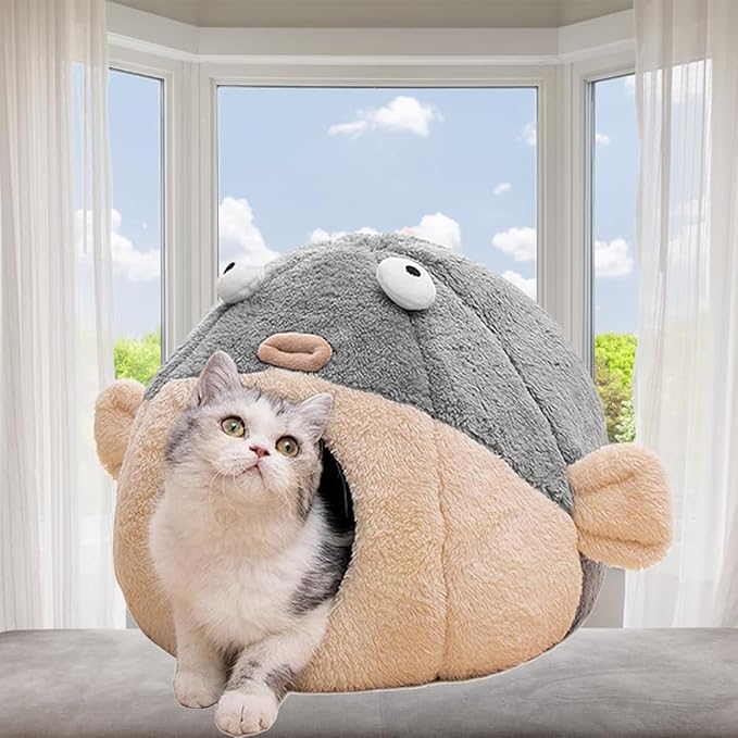 Cat Beds for Indoor Cats - 19.7'' Cute Animal-Shaped Larger Cat Cave Bed,Super Soft Calming cat Tent for Kitten&Puppy,Small Dog,Warm Plush&Machine Washable,Grey Multiple Sizes