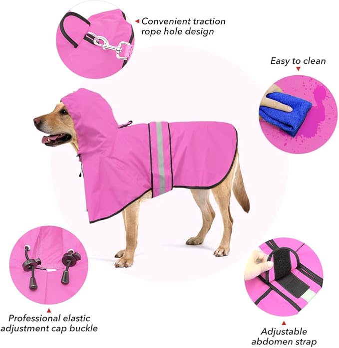 Reflective Puppy Raincoat - Waterproof Adjustable Pet Hooded Slicker Poncho Raincoats Jacket, Lightweight Dog Rain Coat(Pink, Small)