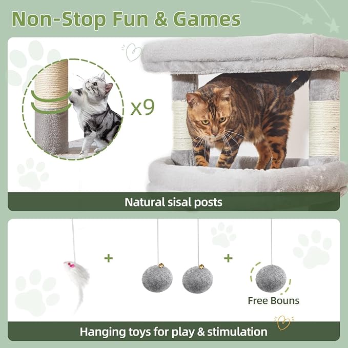 Taoqimiao 71 Inches Cat Tree for Large Cats 20lbs+, 3 Giant Perches, Multi-Level Cat Tree Tower, Widened Cat Condo with 9 Scratching Posts, Luxurious Hammcock & Basket, Light Gray, MS034W