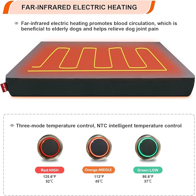 HEATFOX Upgraded Heated Dog Bed with Heating Pad, 24V Safe Voltage Arthritis Bed with Memory Foam, Waterproof Cover for Medium, Large Dogs/XL