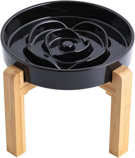Black Elevated/Raised Dog Bowl Ceramic Slow Feeder with Wood Stand for Small Medium Large Dogs, 8.66 in Dog Dish to Slow Down Eating,Modern Heavy Slow Puppy Bowl for Fast Eaters