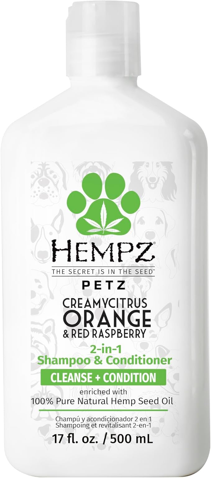 Hempz Petz, Dog Shampoo & Conditioner, Creamy Citrus Orange & Red Raspberry 2 in 1 Herbal Shampoo & Conditioner 17 oz.