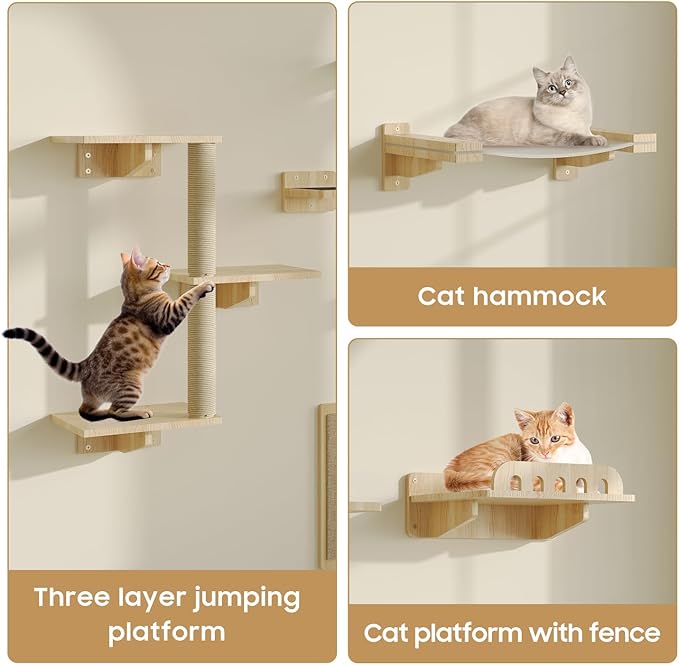 MeowHomm Cat Wall Shelves, Set of 6 Wooden Cat Wall Furniture Includes Scratching Post with 3 Steps, Jumping Platform, Hammock and Scratcher Board for Kittens