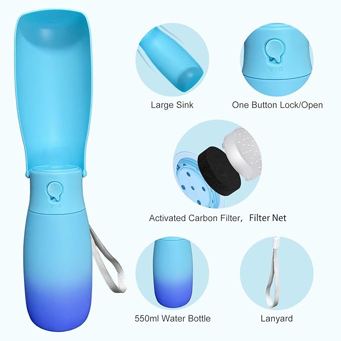 Dog Water Bottle Portable 19Oz - Food Grade Plastic & Leak Proof Puppy Travel Water Bowl Dispenser, Pet Accessories for Outdoor Walking Camping, Dogs Birthday Gifts (Blue)