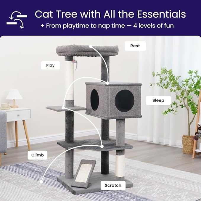 Catry Minimalistic Contemporary Cat Tree 49 Inch 5 Level with Two Natural Sisal Scratching Posts and Ramp, Large, Yara
