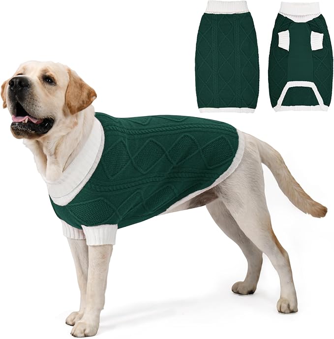 Dog Sweater for Large Dogs Argyle Cable Knit Turtleneck Pullover Winter Clothes Boys Girls Stretch Golden Retriever Labrador Bulldog Pitbull Doberman Pet (XXL, Green)